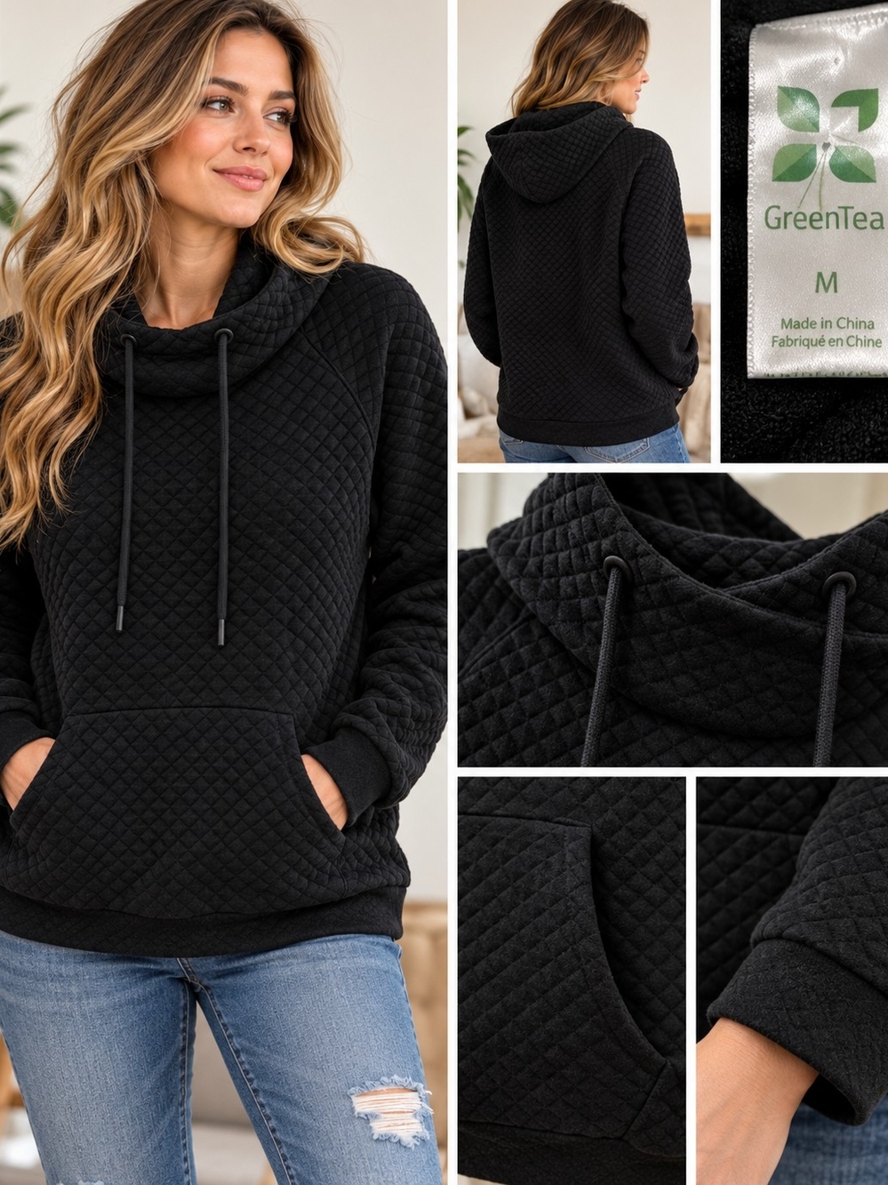 GreenTea Black Quilted Pullover Hoodie Size M Cowl Neck Kangaroo Pocket